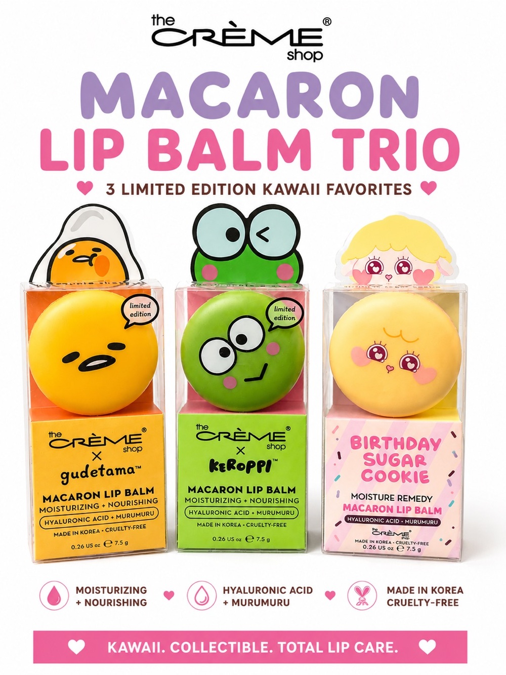 The Crème Shop Macaron Lip Balm Trio Gudetama Keroppi Kawaii Sanrio - New